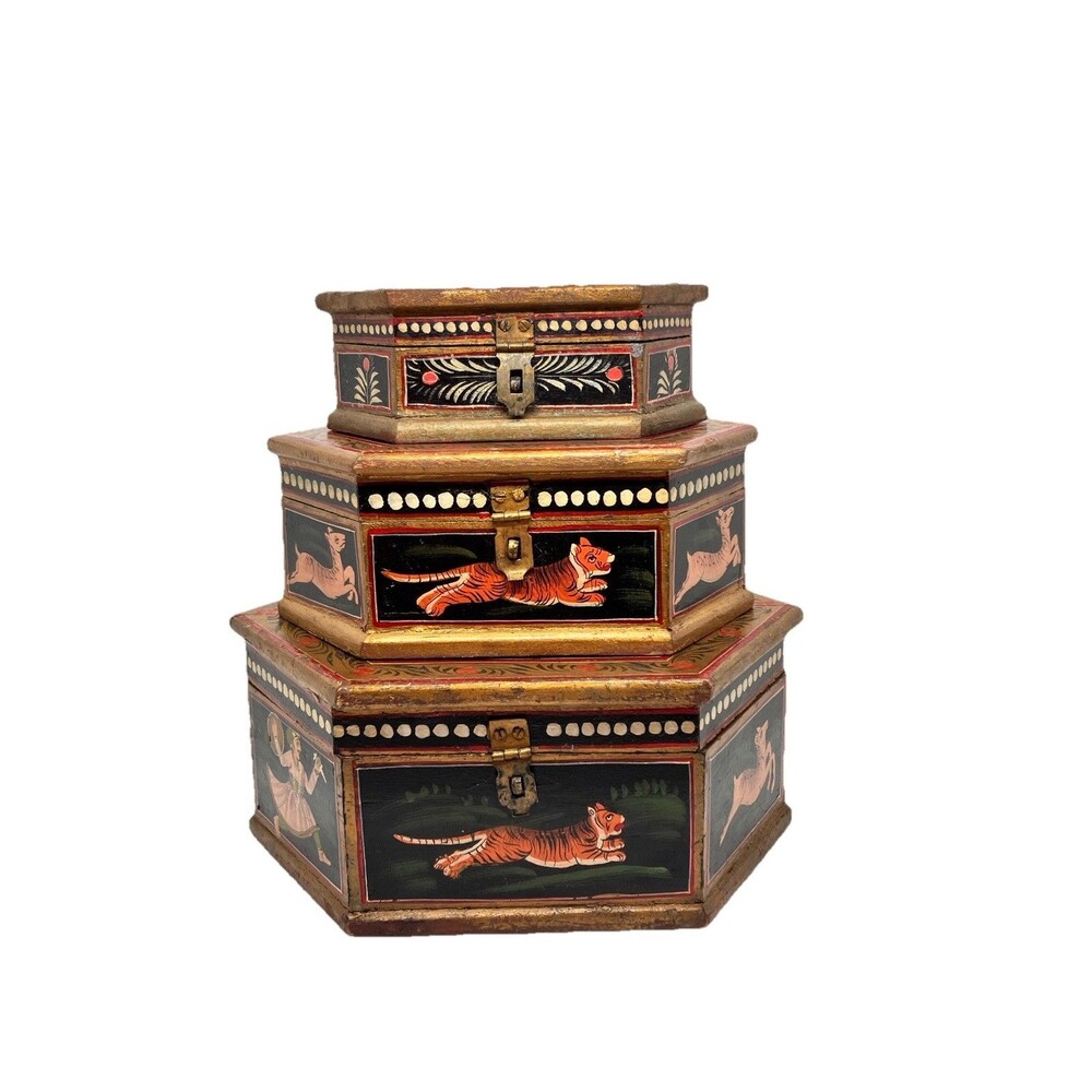3 Vintage Nesting Hexagon Wooden Boxes HunterScene Hand Painted From India Rare
